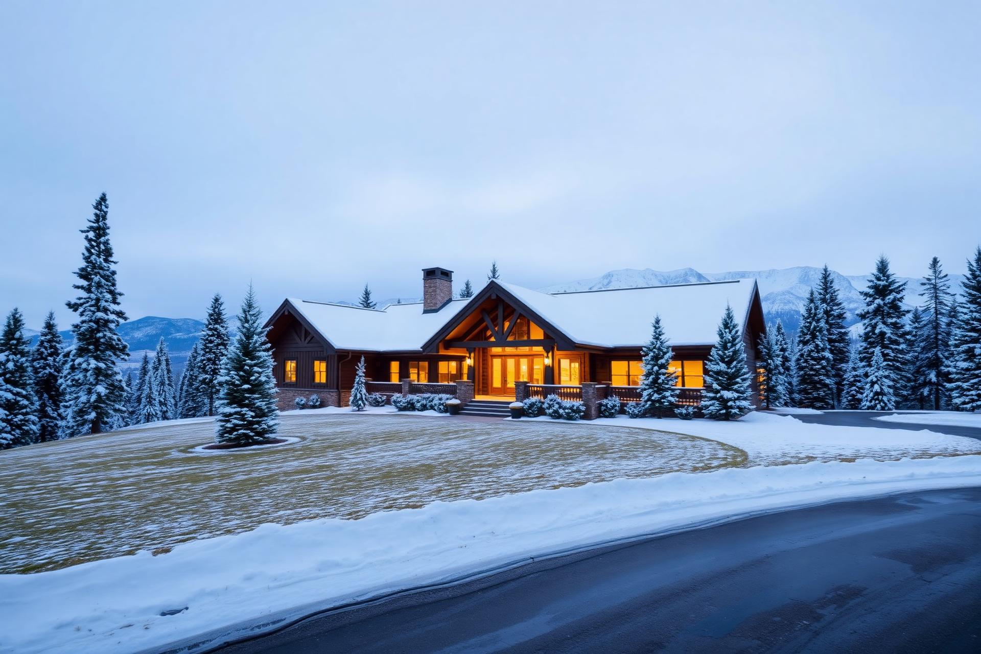 The same Tahoe-area home under deep winter snow with a plowed driveway