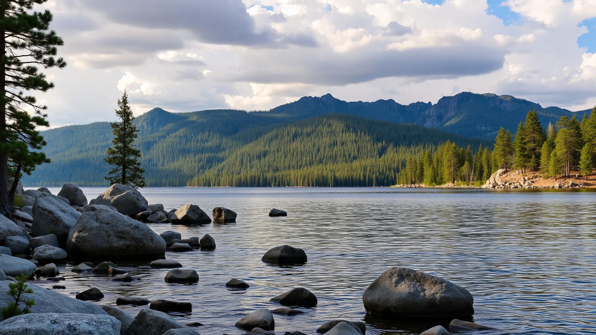 Lake Tahoe shoreline with granite boulders and pine forest