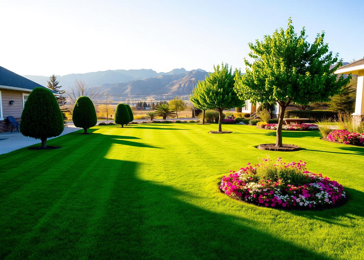 Crisply mowed lawn with pruned trees and flower beds against the Carson Valley range